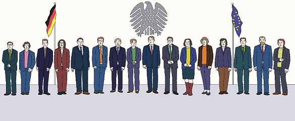 Mitglieder der Bundesregierung mit Deutschlandfahne, Europafahne und Bundesadler